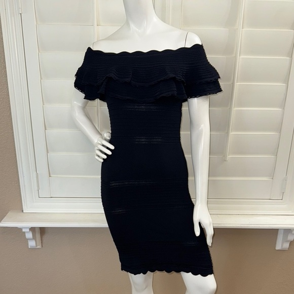 ELIZA J OFF SHOULDER RUFFLE KNIT BLACK SHEATH DRESS Black - Picture 1 of 14